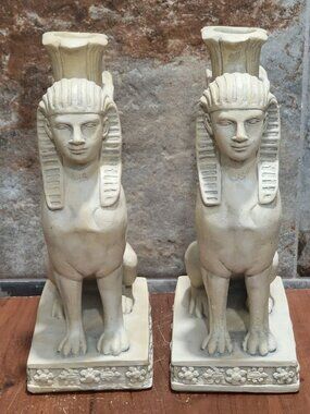 Pair Decorative Male Headed Sphinx Lion Body Candleholder Home Decor Figurines